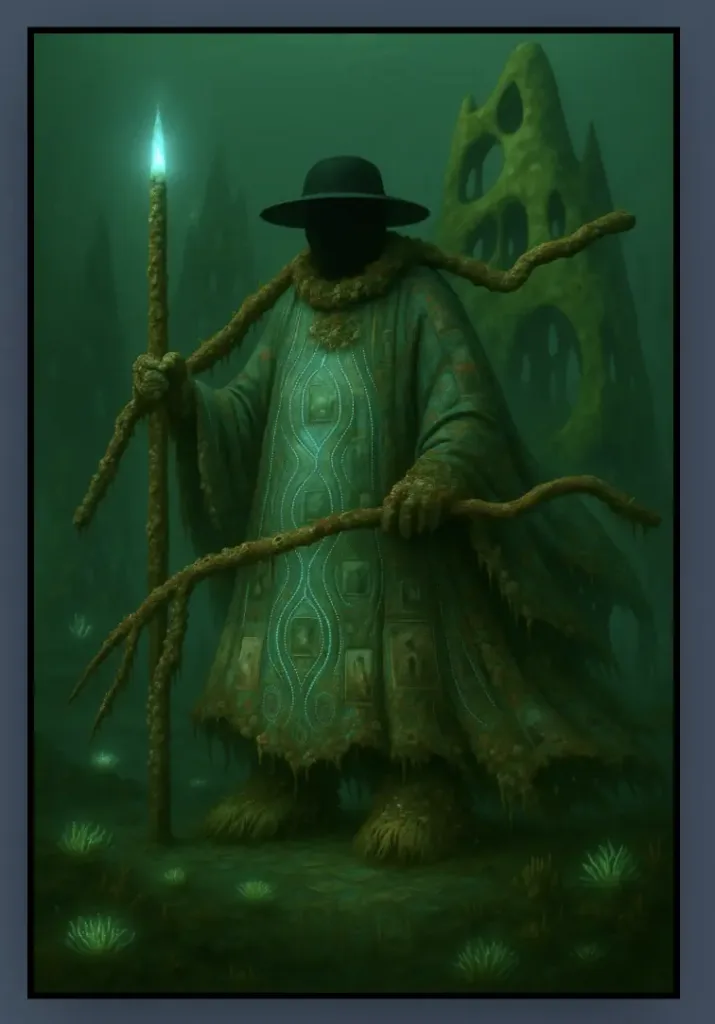 An artwork featuring a dark green aura and a man in a dark green cloak, grasping a staff, suggesting a mystical or powerful presence. 